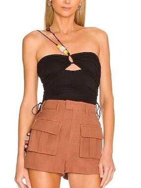 L'Academie Nadia Top Black Strappy Tank Beaded Tassels halter stretch Revolve S
